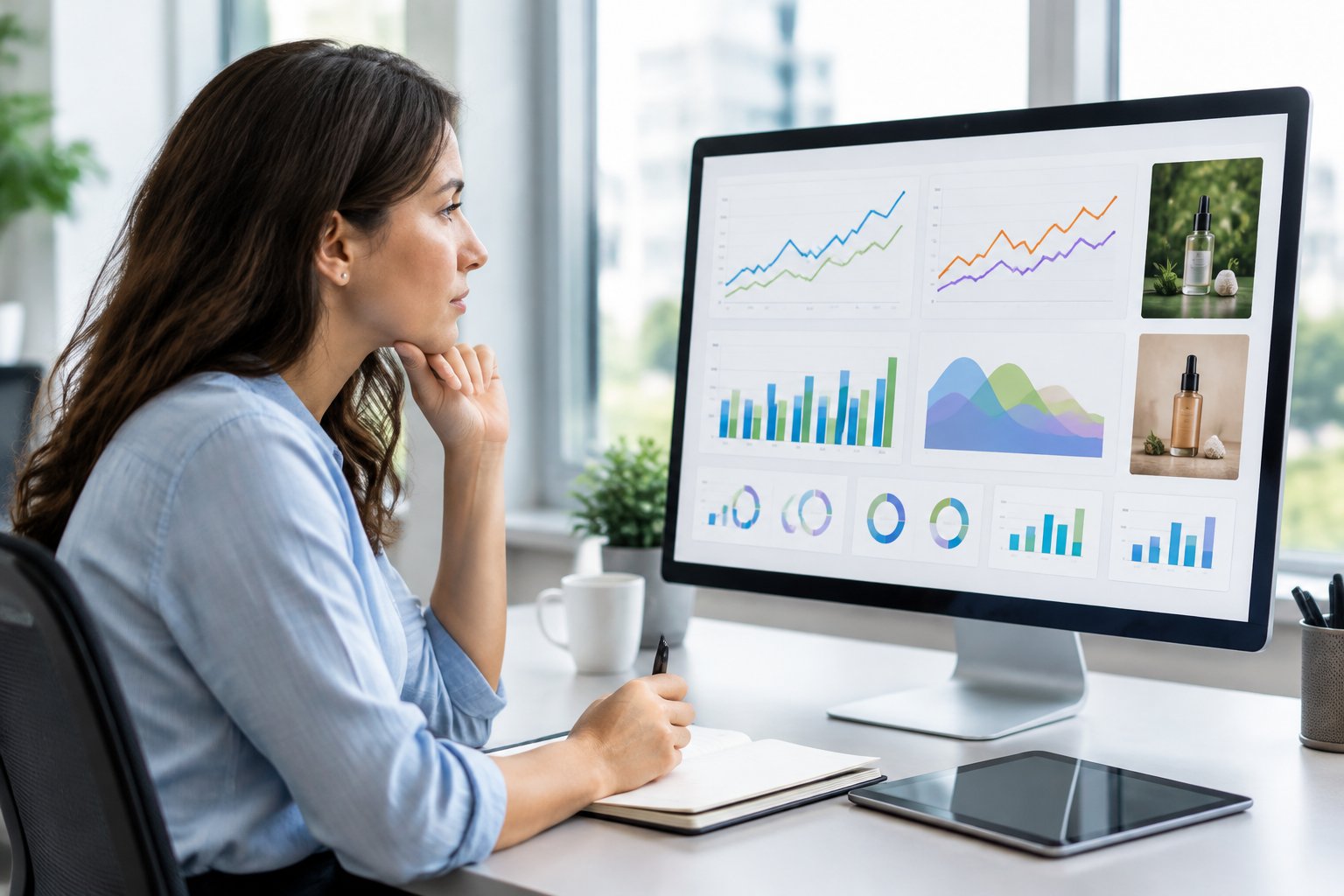 A marketing analyst reviews charts and ad concepts on a computer.