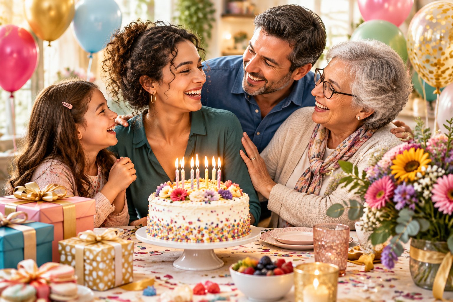 Menschen verschiedener Generationen feiern gemeinsam mit Torte, Geschenken und Luftballons einen Geburtstag.