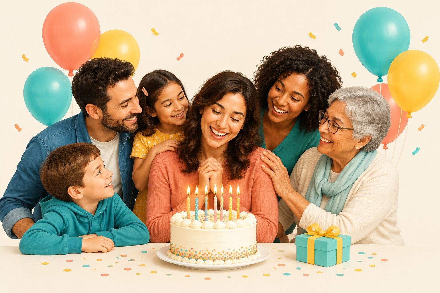 Menschen verschiedener Generationen feiern gemeinsam mit Kuchen, Kerzen, Luftballons und einem Geschenk einen Geburtstag.