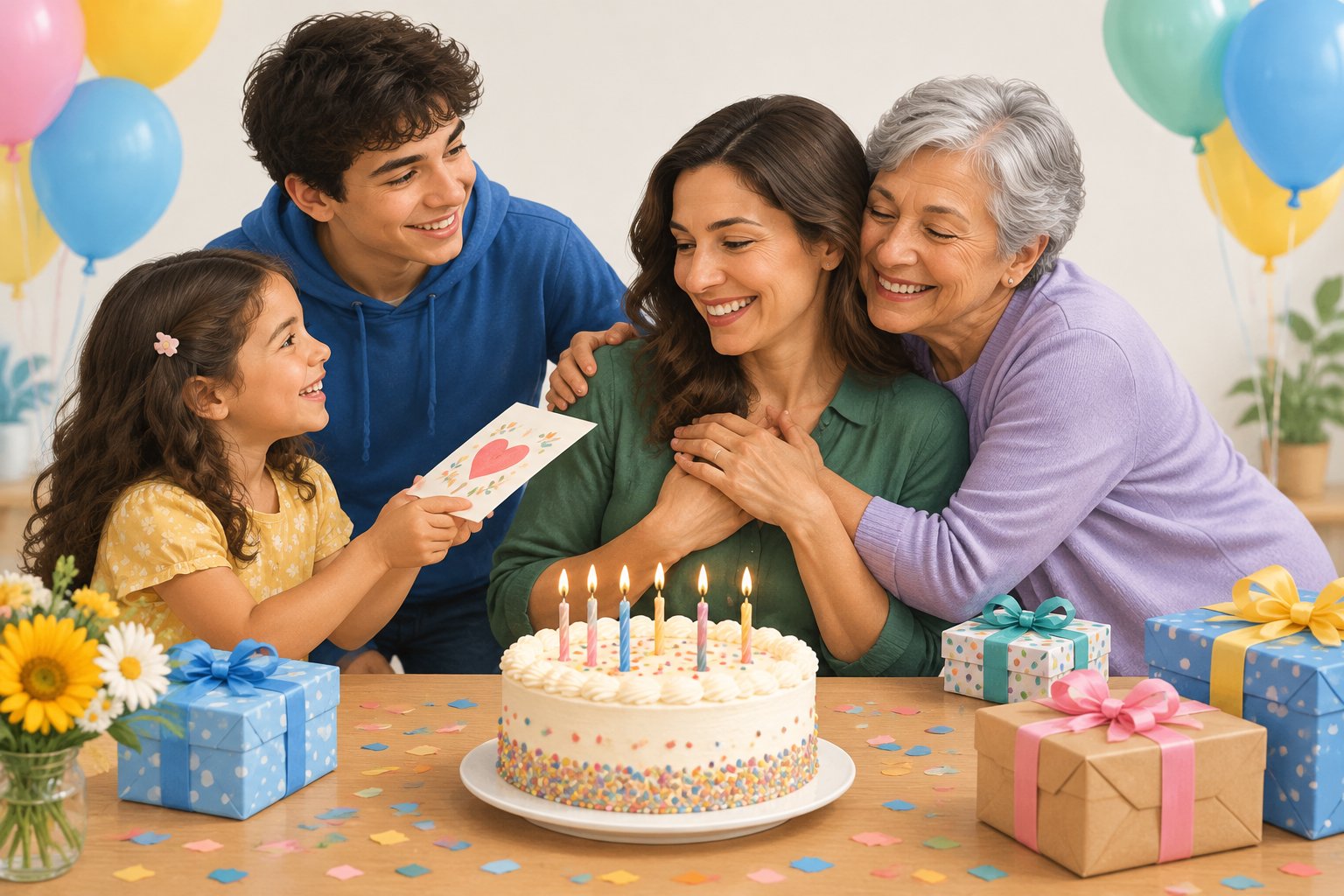 Menschen unterschiedlichen Alters feiern gemeinsam einen Geburtstag.