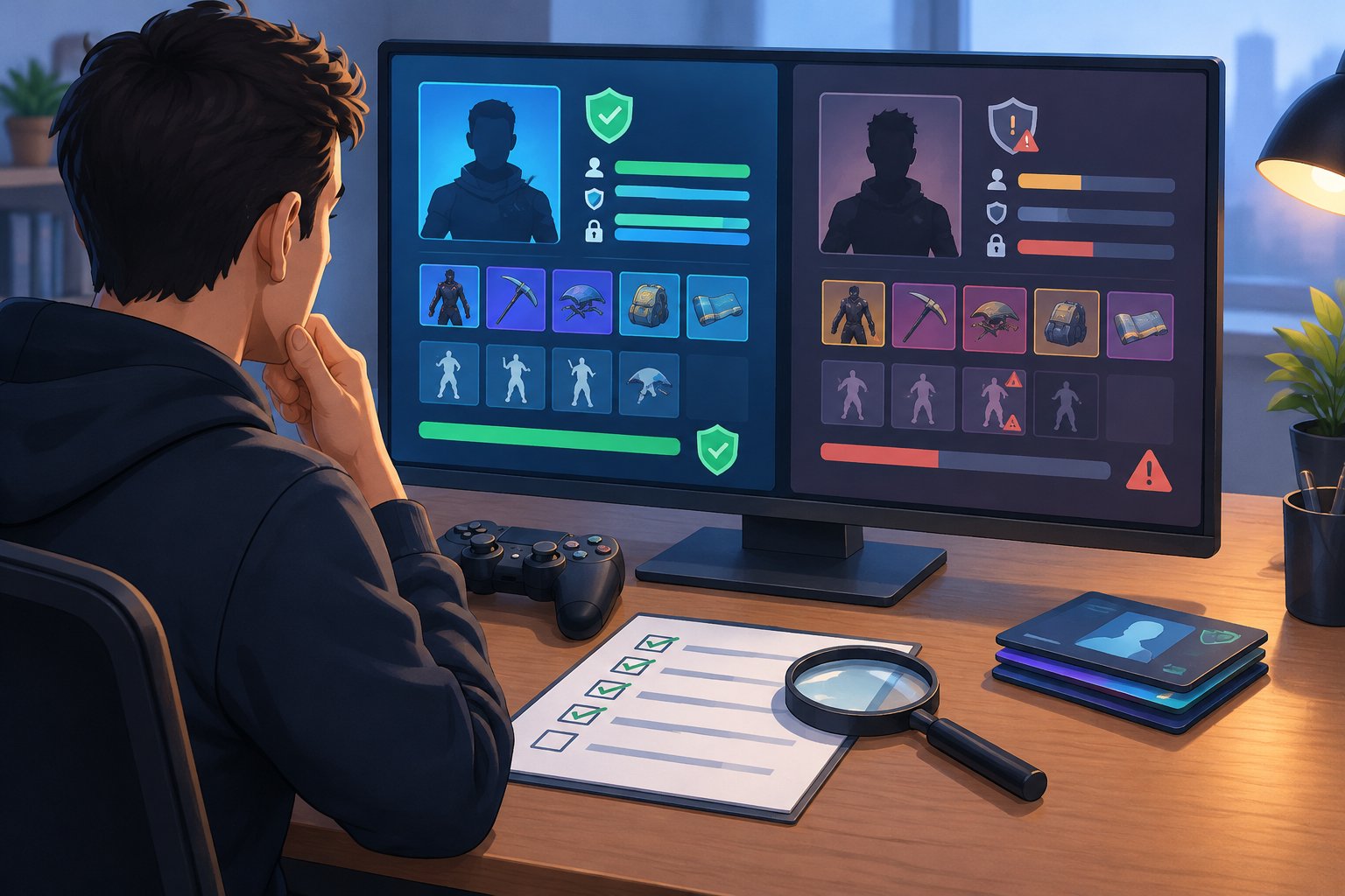 A person compares two gaming account profiles on a monitor using a checklist and magnifying glass.