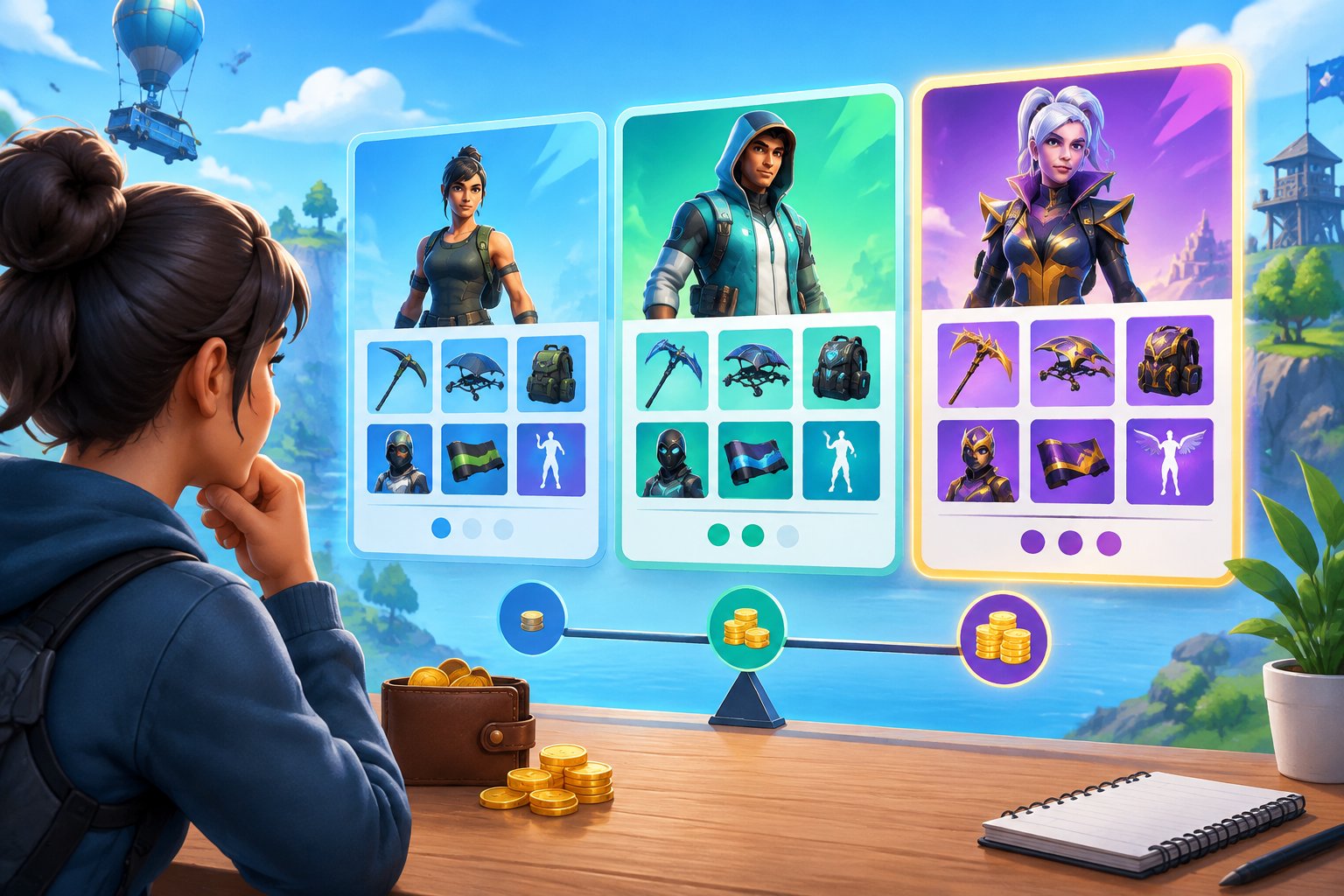 A person compares three game account options alongside a wallet and cosmetic items.