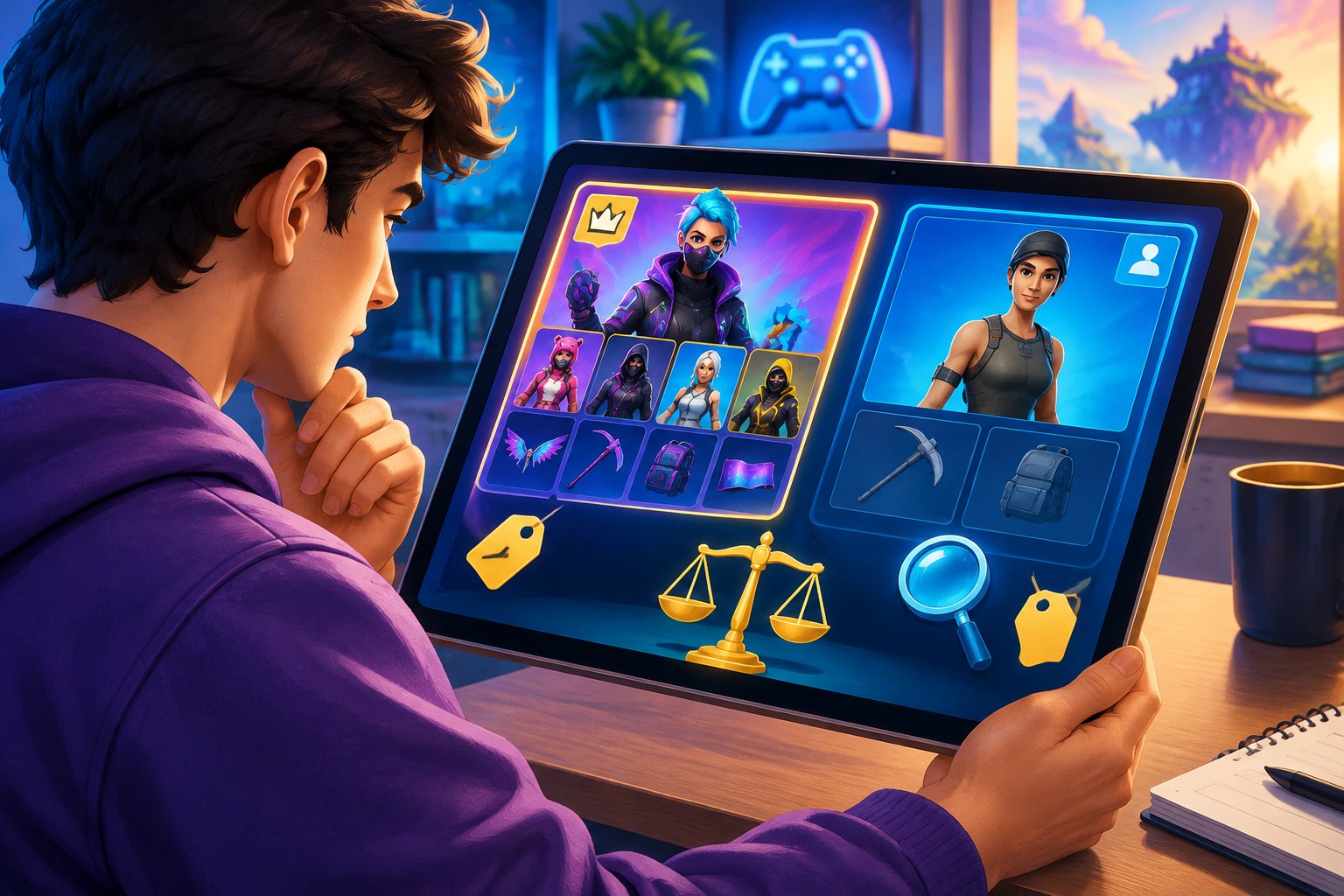 A shopper compares two gaming account profiles on a tablet, with icons suggesting value and cost.