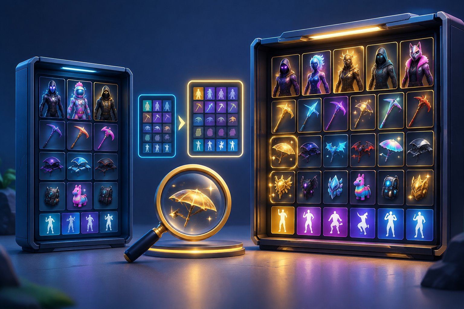 A gaming locker displaying character outfits, gear, and a selection of rare items.