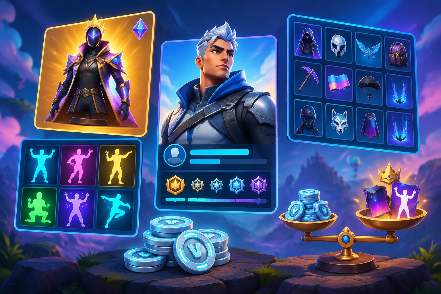 A game account profile surrounded by character cosmetics, emotes, achievement symbols, and tokens.