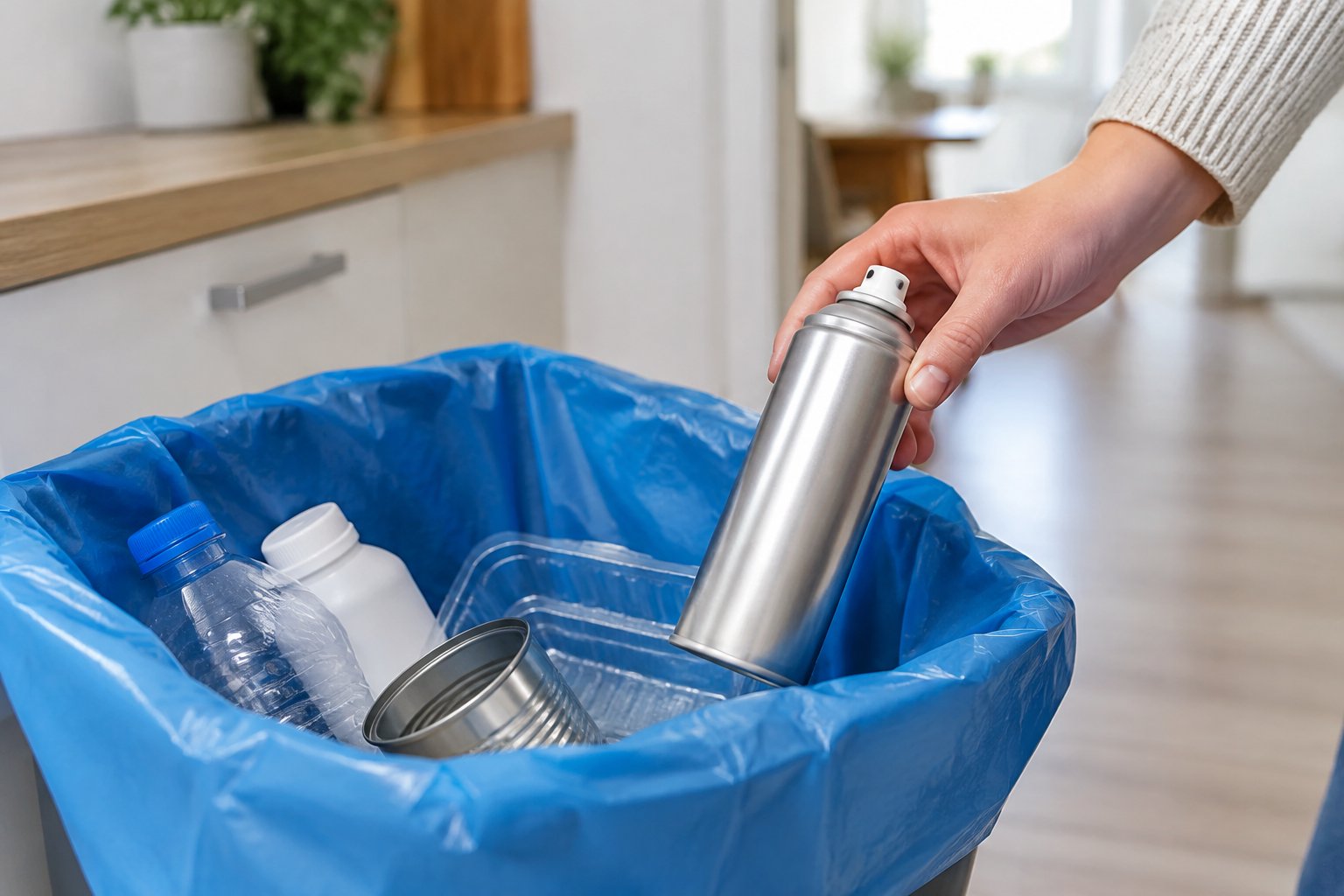 Een hand gooit een lege spuitbus bij plastic en metalen verpakkingen in een blauwe PMD-container.