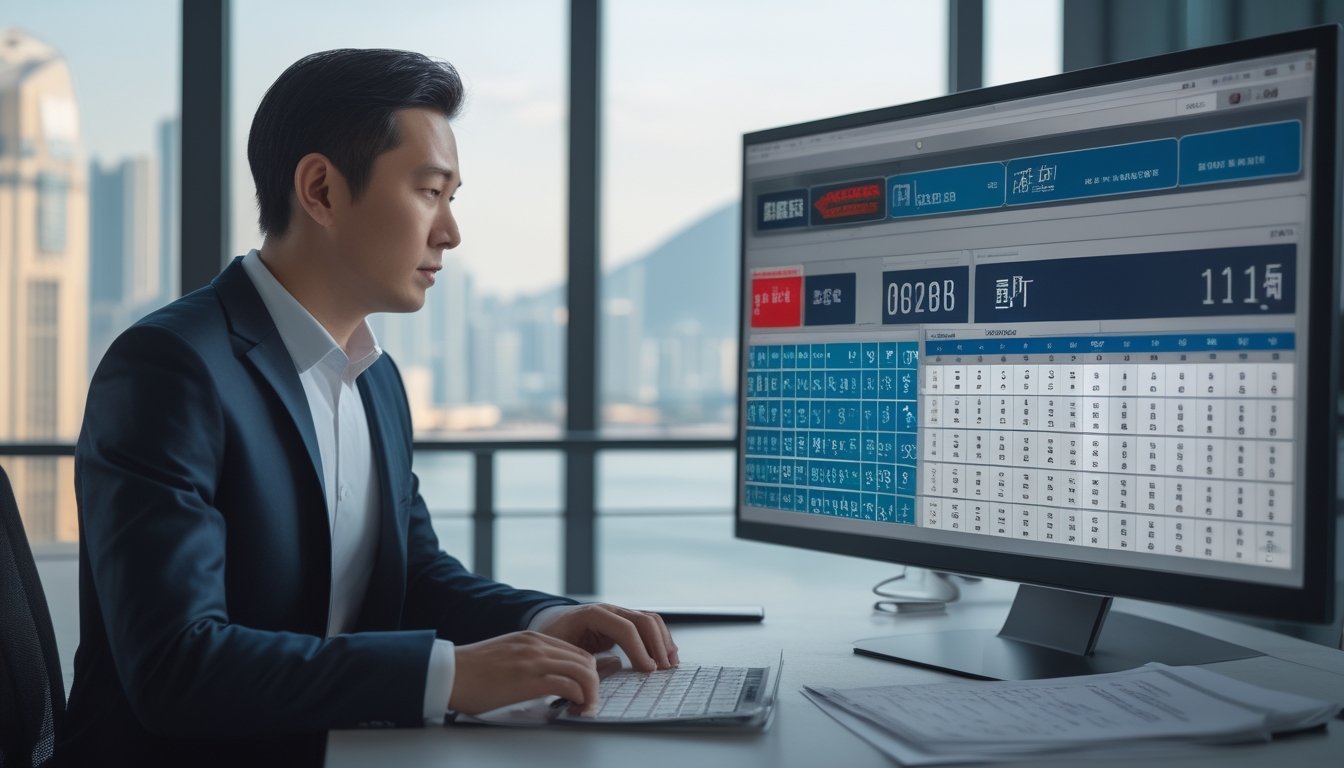 Seorang analis memeriksa data di ruang kerja dengan pemandangan cakrawala Makau.