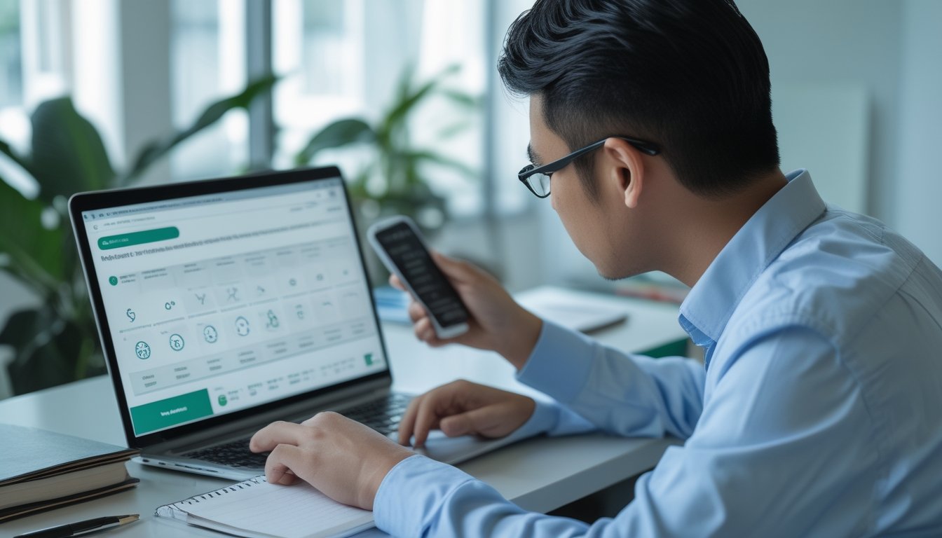 Seseorang memeriksa informasi pada laptop sambil mencatat di meja kerja.