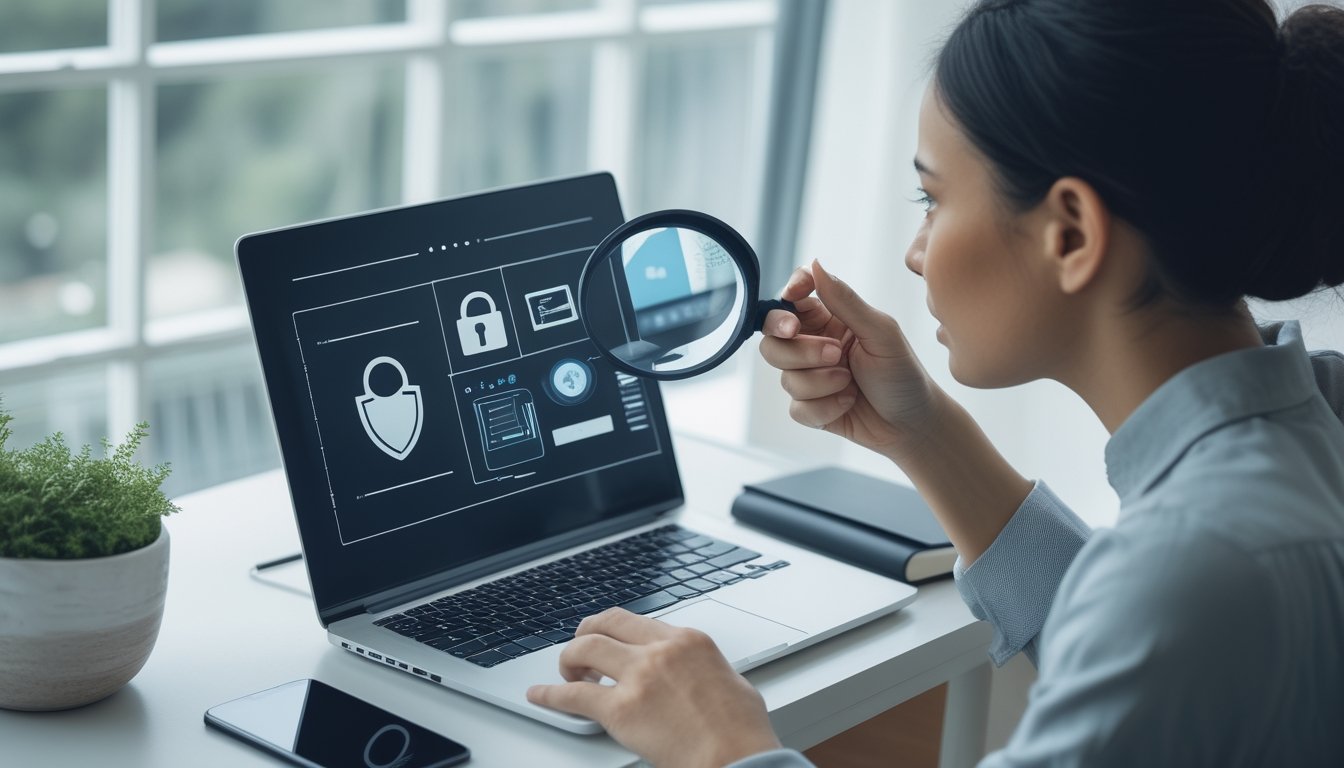 Seseorang memeriksa keamanan layanan daring di laptop menggunakan kaca pembesar.