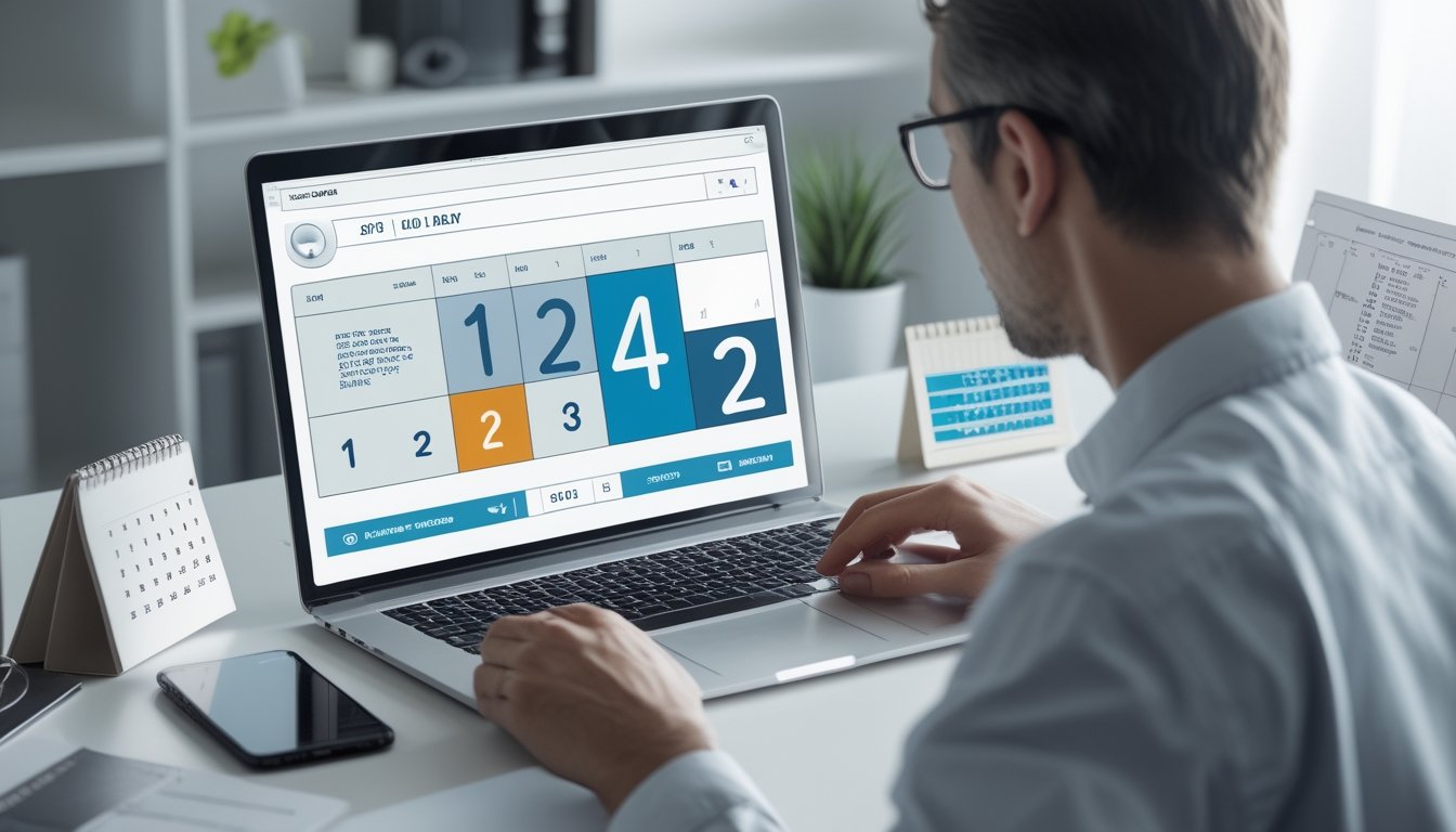 Seseorang memeriksa jadwal pengumuman melalui laptop di meja kerja.