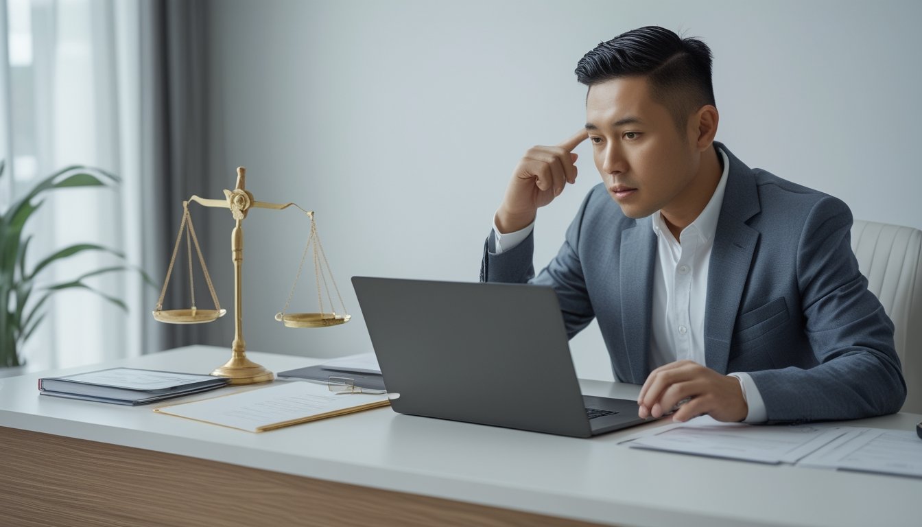 Seorang profesional meninjau laptop dan dokumen hukum di meja.
