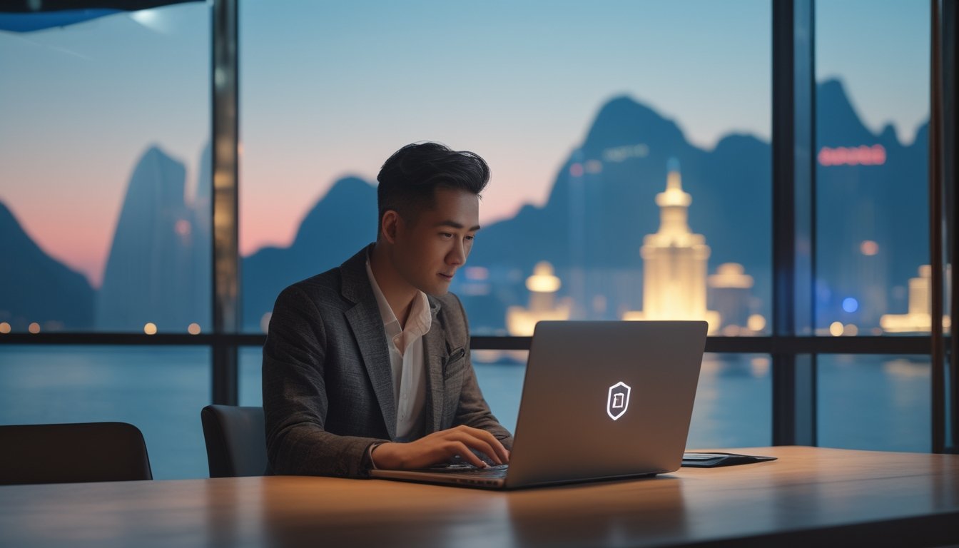 Seseorang menggunakan laptop di ruangan modern dengan pemandangan kota Makau.