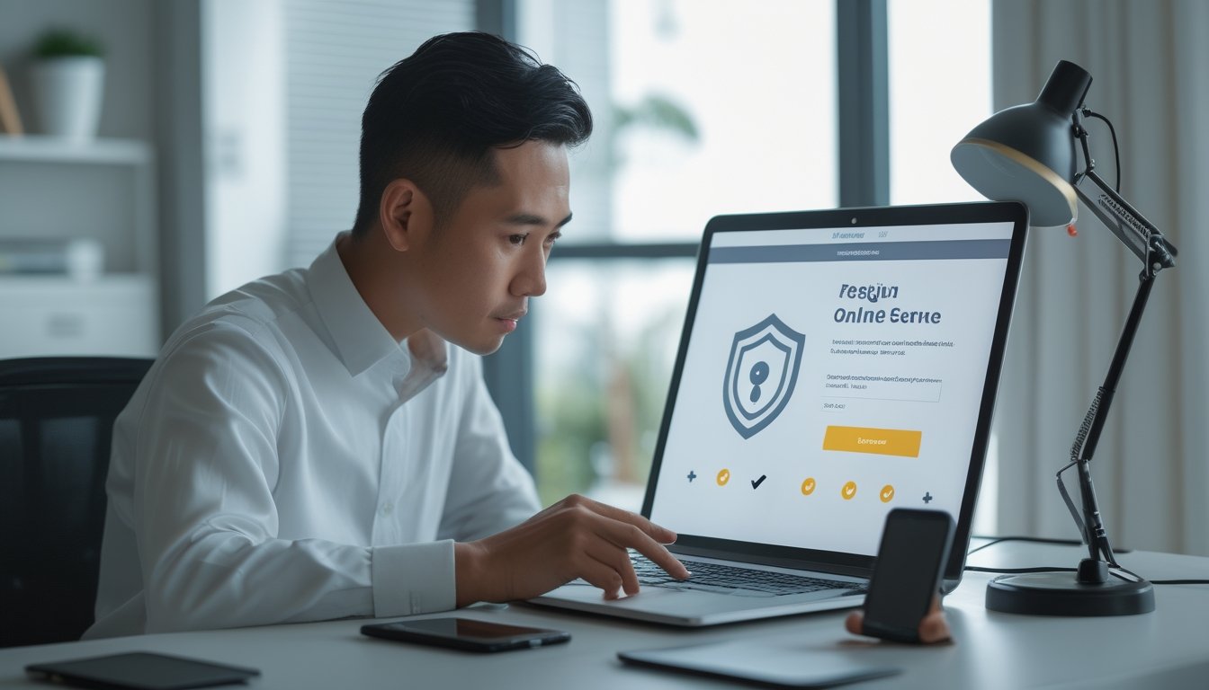 Seseorang memeriksa situs web di laptop dengan bantuan daftar periksa dan kaca pembesar.