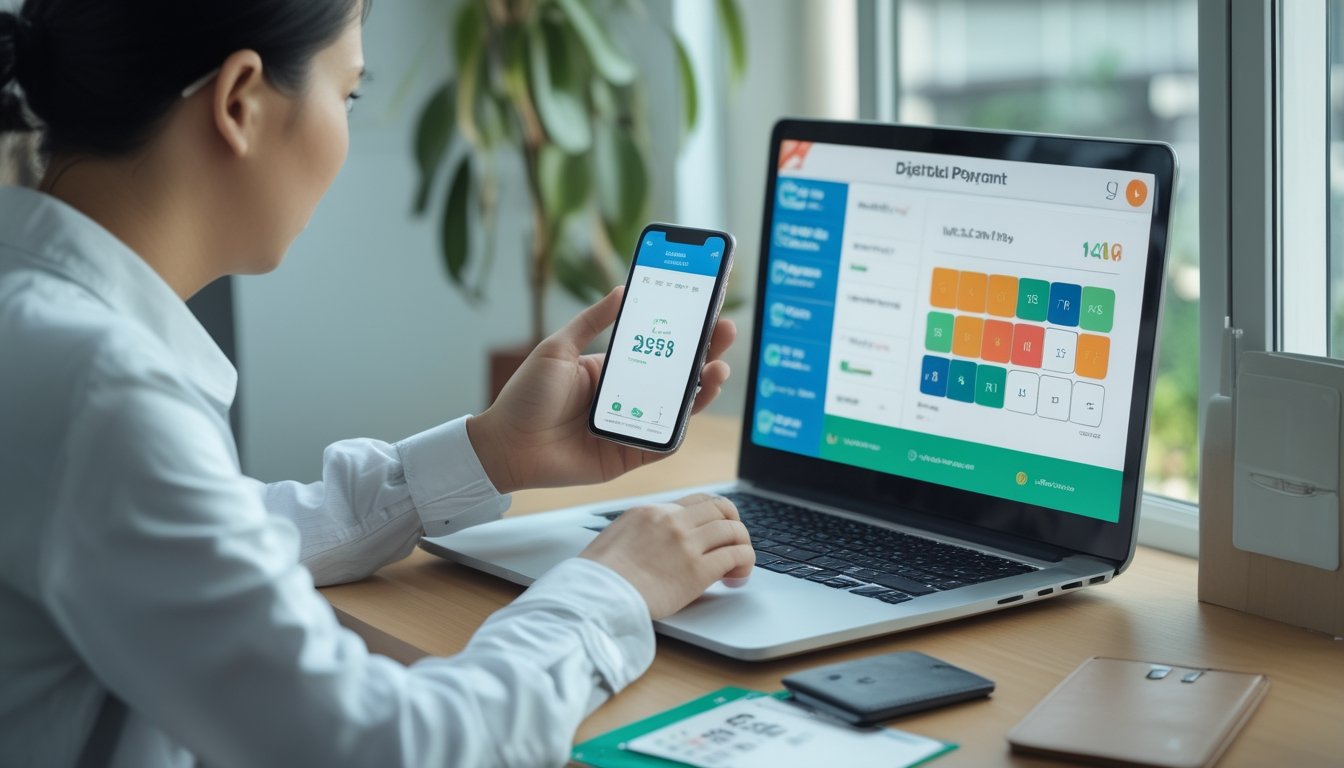 Seorang pengguna melakukan pembayaran digital melalui ponsel di meja dengan laptop dan bola bernomor.