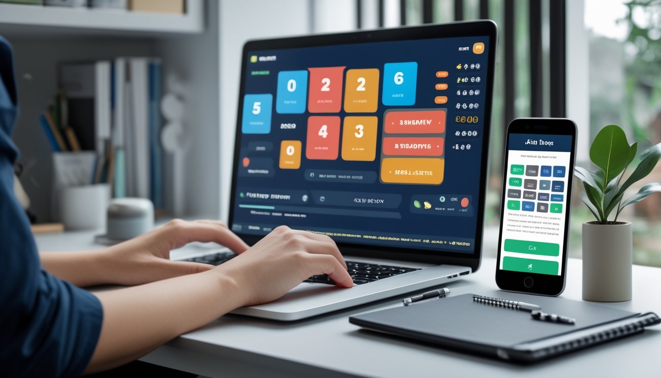 Seseorang menggunakan laptop dan ponsel dengan tampilan angka dan kategori undian.