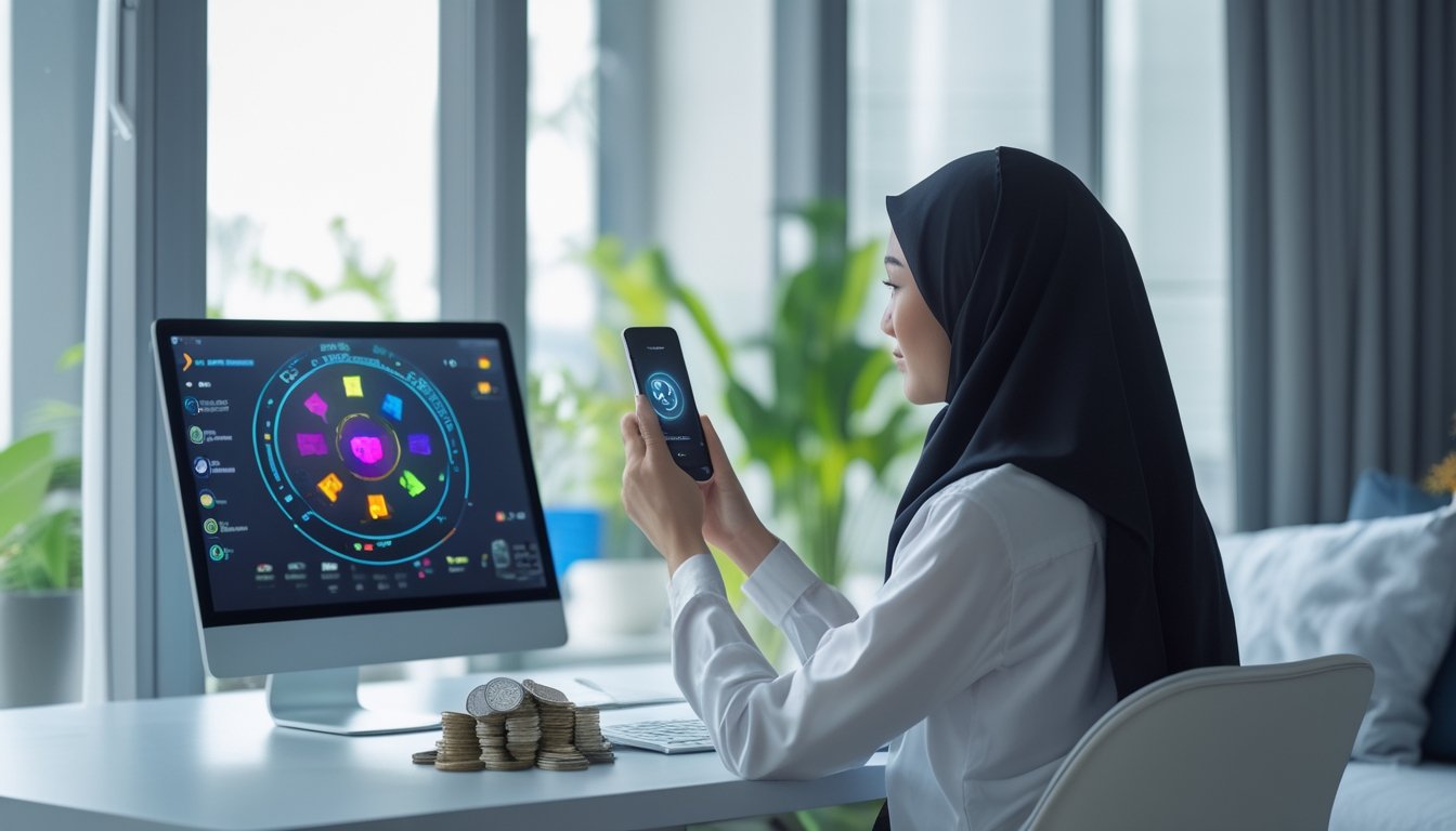Seorang pengguna melihat ponsel di meja kerja di rumah.