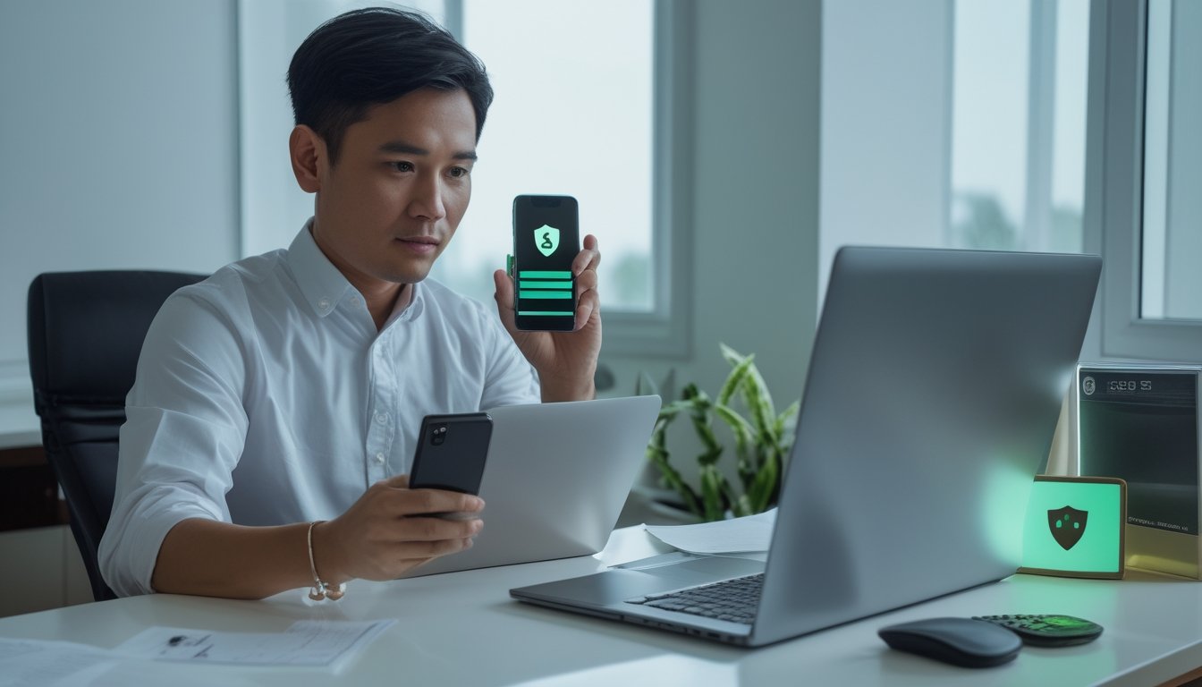 Seseorang memeriksa laptop dan ponsel di meja kerja.