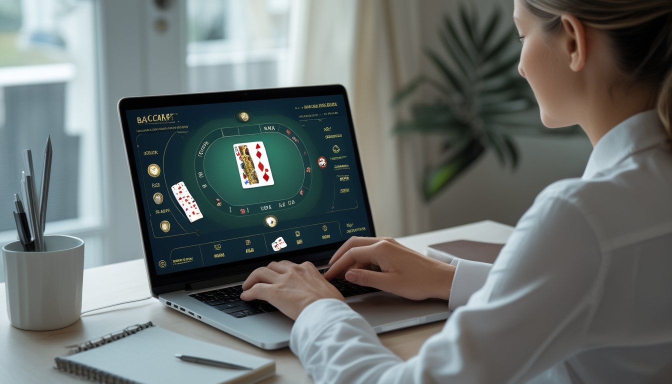Seorang pemula mempelajari permainan baccarat online di laptop.