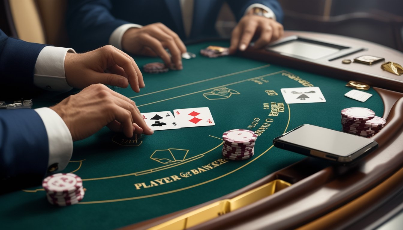 Tangan dealer menata kartu di meja baccarat dengan chip dan ponsel di dekatnya.