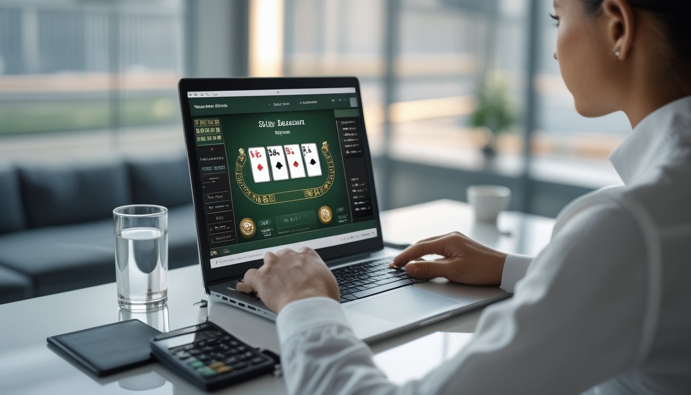 Seseorang dengan tenang meninjau permainan baccarat di laptop sambil mencatat rencana.