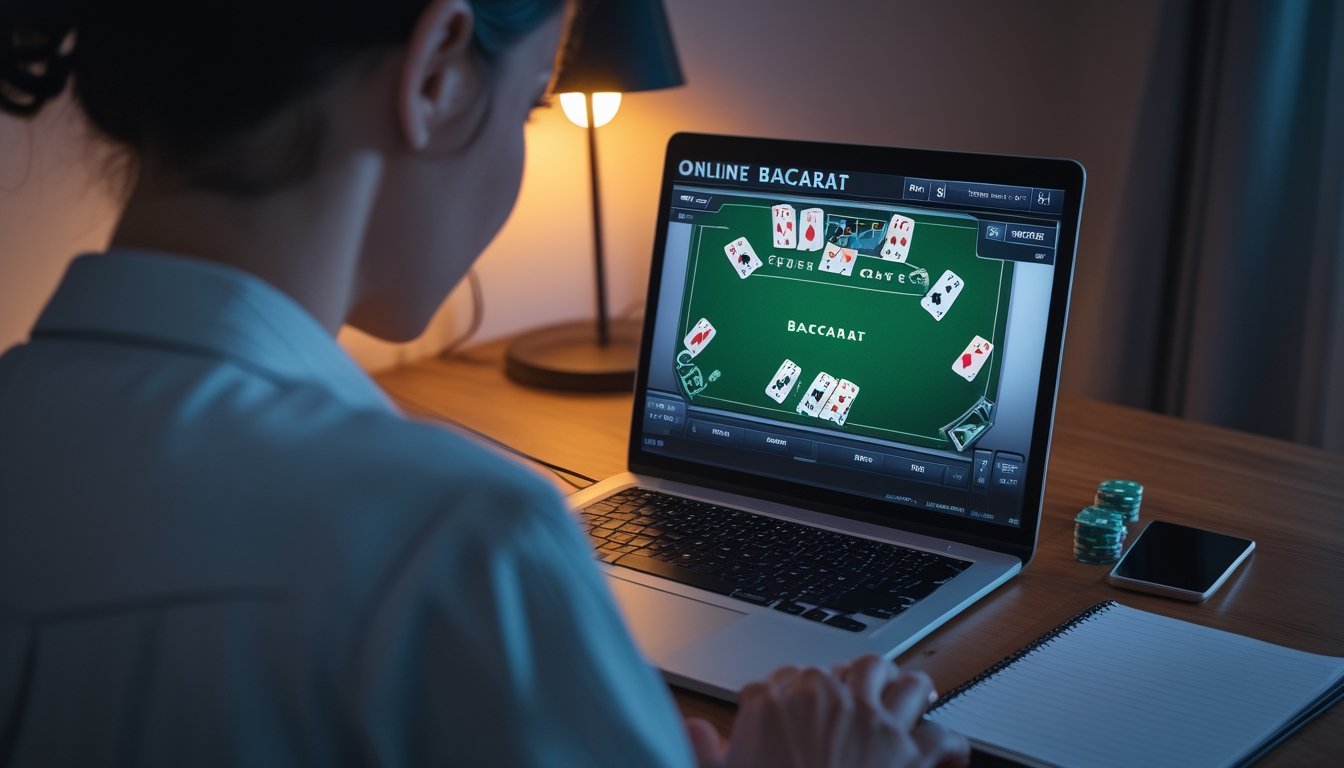 Seseorang mempertimbangkan permainan baccarat daring di depan laptop dengan beberapa keping taruhan di meja.