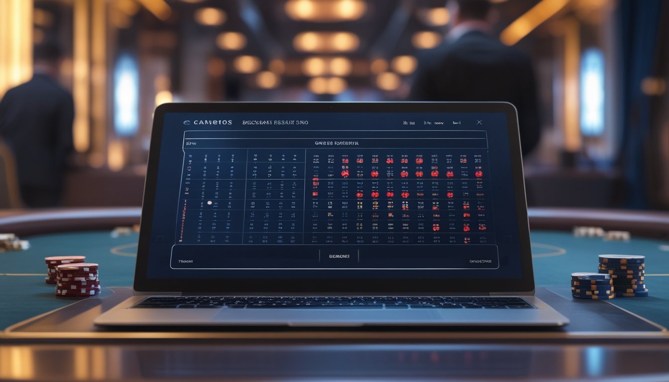 Seseorang mengamati pola lingkaran merah dan biru pada papan baccarat di layar laptop.