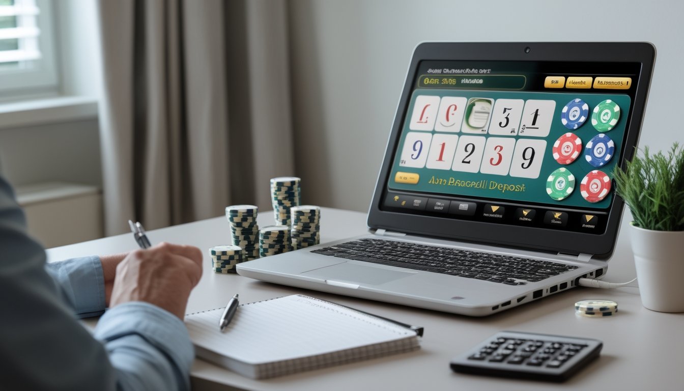 Seorang pemain meninjau chip, kartu baccarat, dan catatan anggaran di meja.