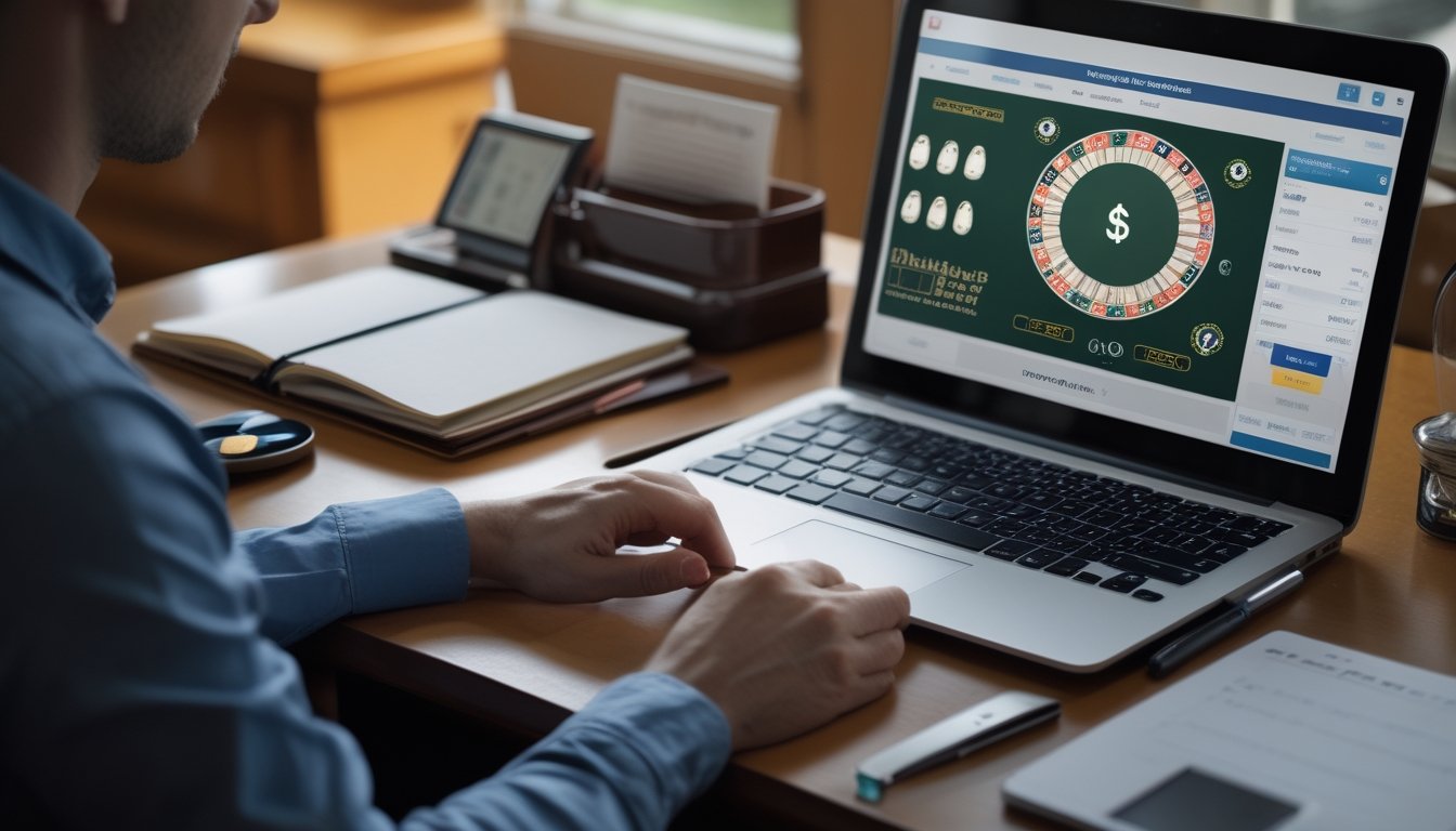 Seorang pemain meninjau anggaran terbatas dan timer di meja dengan laptop yang menampilkan permainan baccarat.