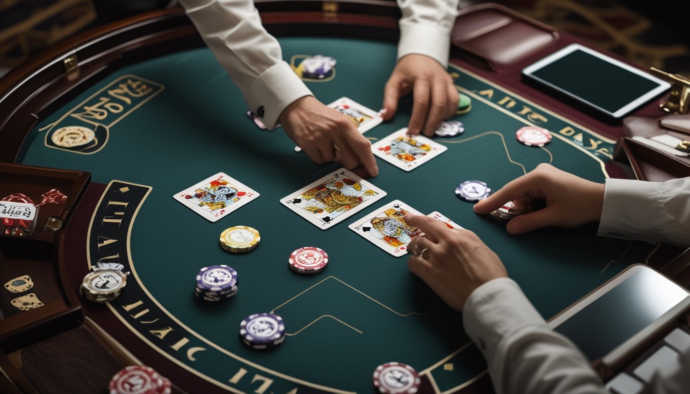 Tangan dealer meletakkan kartu ketiga di meja baccarat dengan beberapa keping chip.