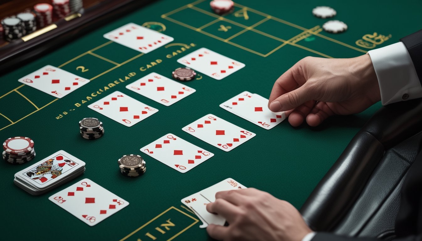 Tangan dealer membagikan kartu baccarat di atas meja hijau.