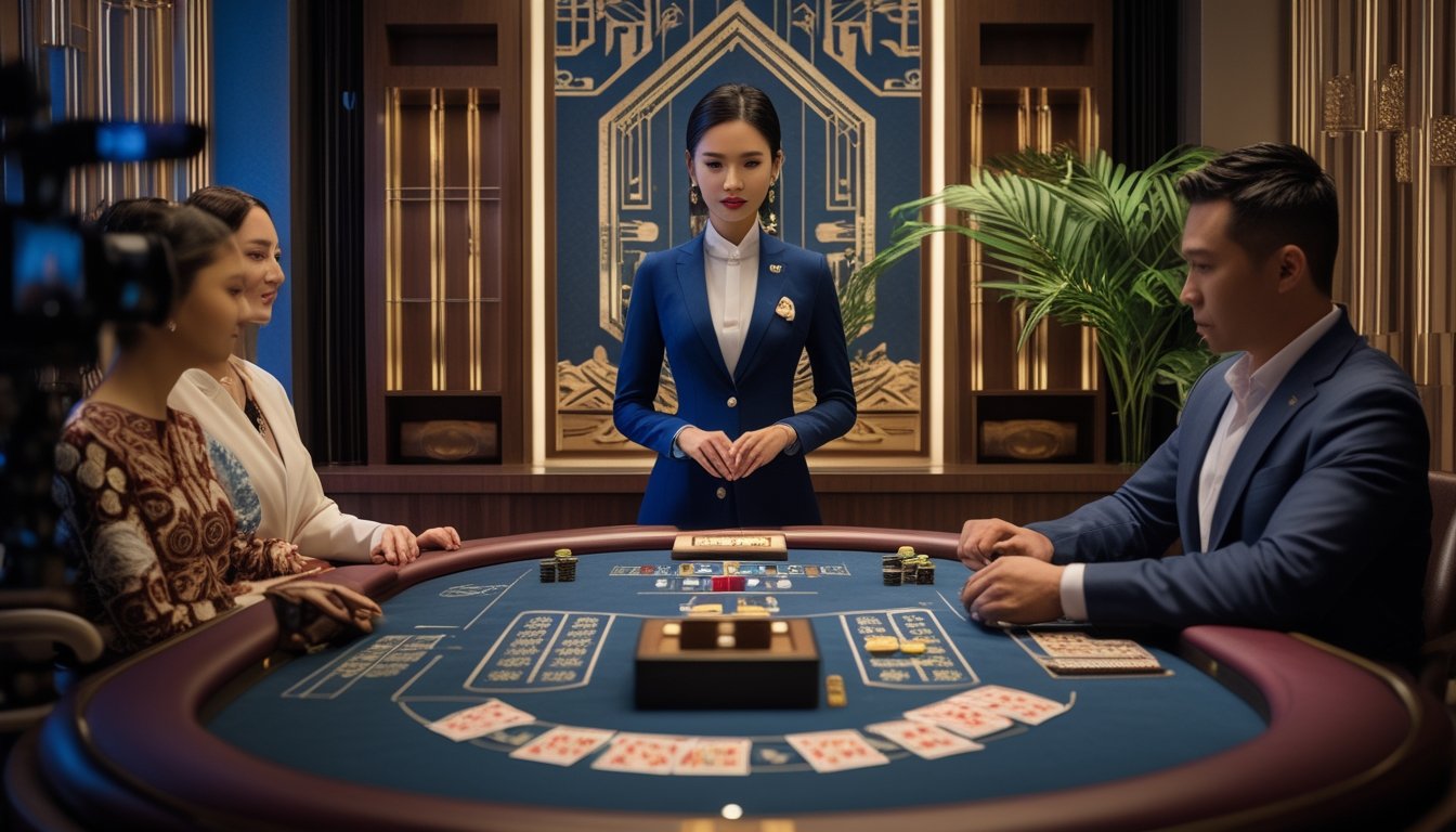 Dealer dan pemain dewasa berkumpul di meja baccarat.