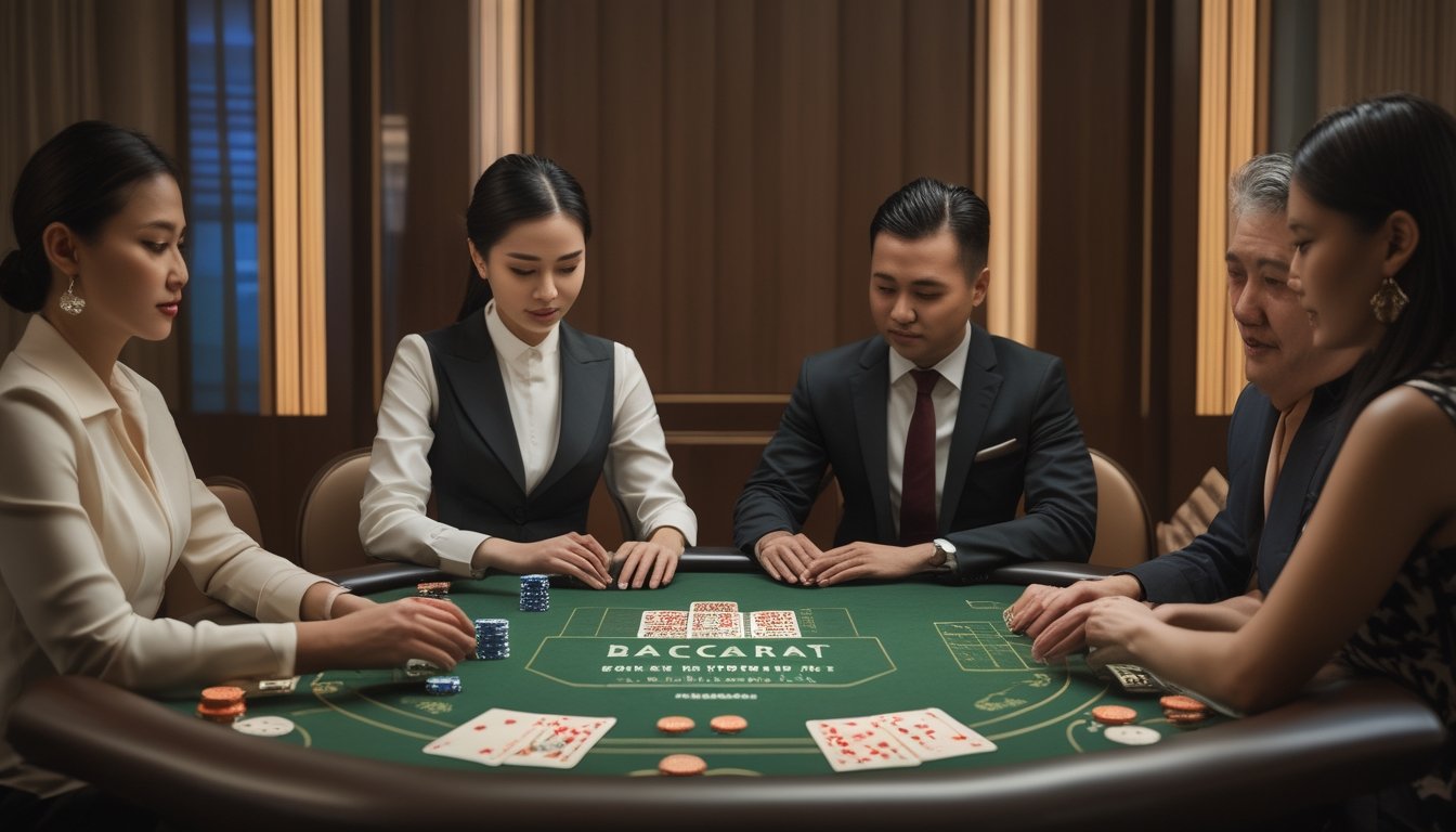 Seorang dealer dan dua pemain sedang bermain baccarat di meja.