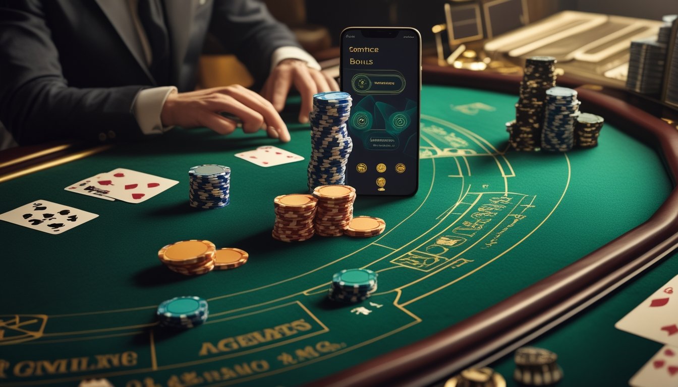 Meja baccarat dengan kartu, keping kasino, dan ponsel.