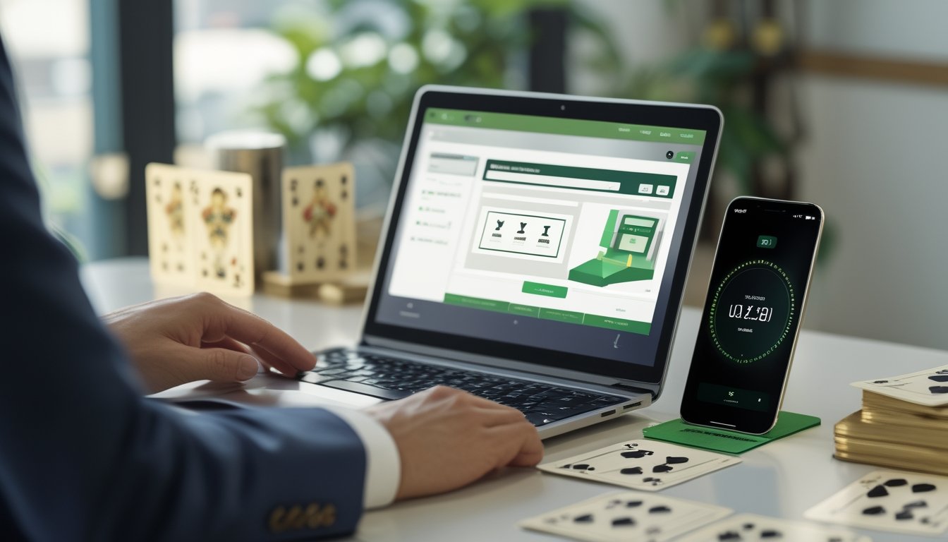 Seseorang memeriksa pembayaran digital di laptop dengan kartu baccarat dan jam di meja.