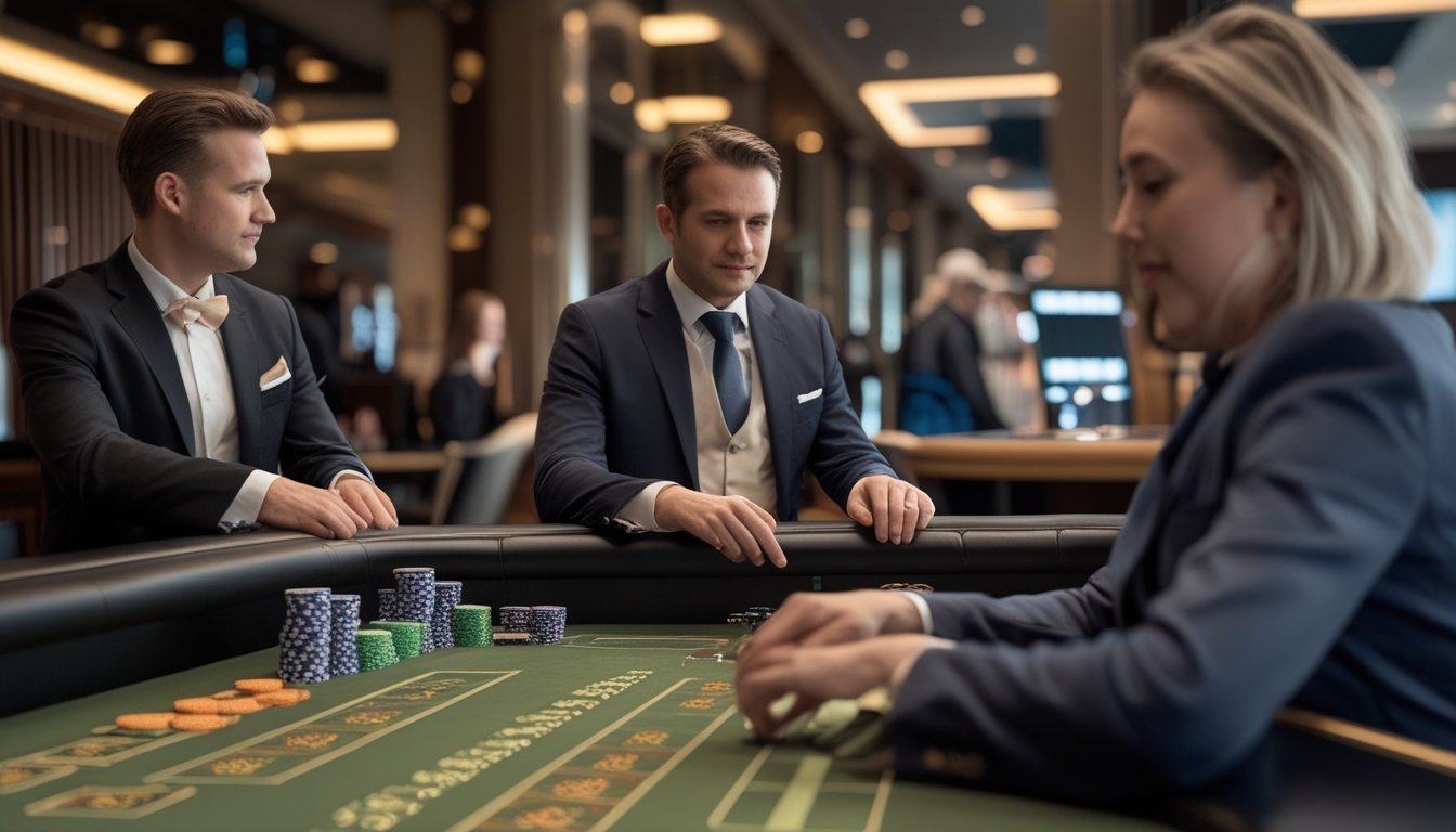 Dealer dan pemain sedang bermain baccarat di meja kasino.