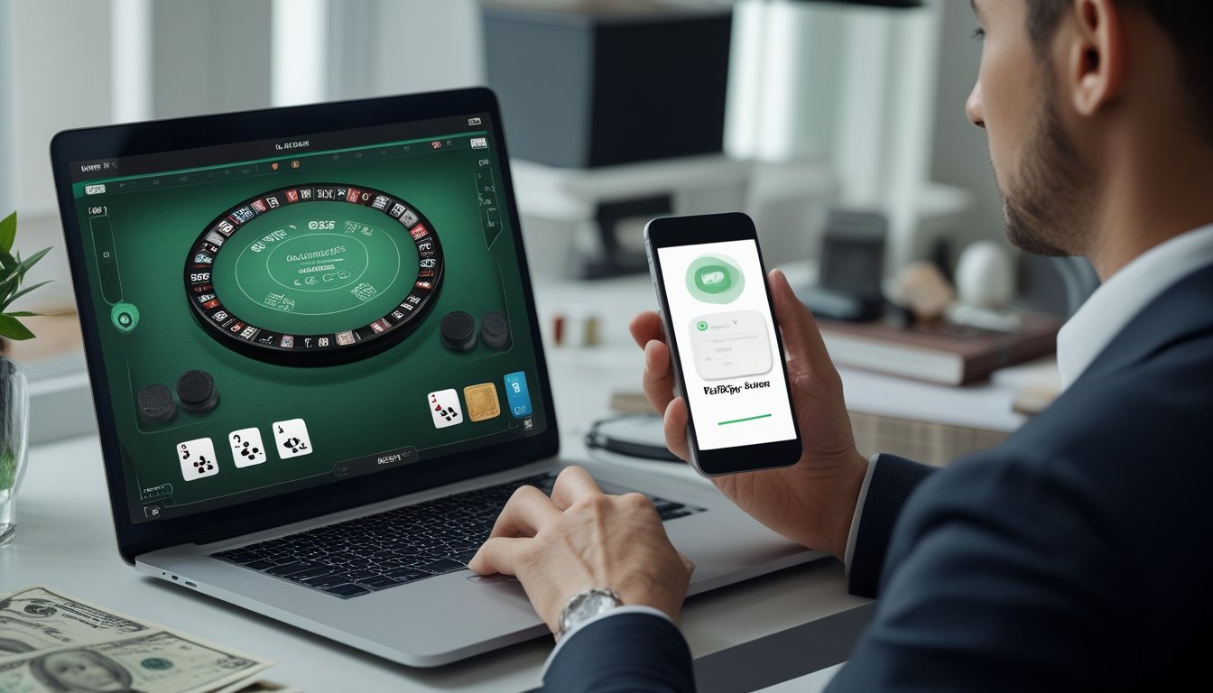 Seseorang menggunakan laptop dengan permainan baccarat dan ponsel yang menampilkan ikon pembayaran digital.