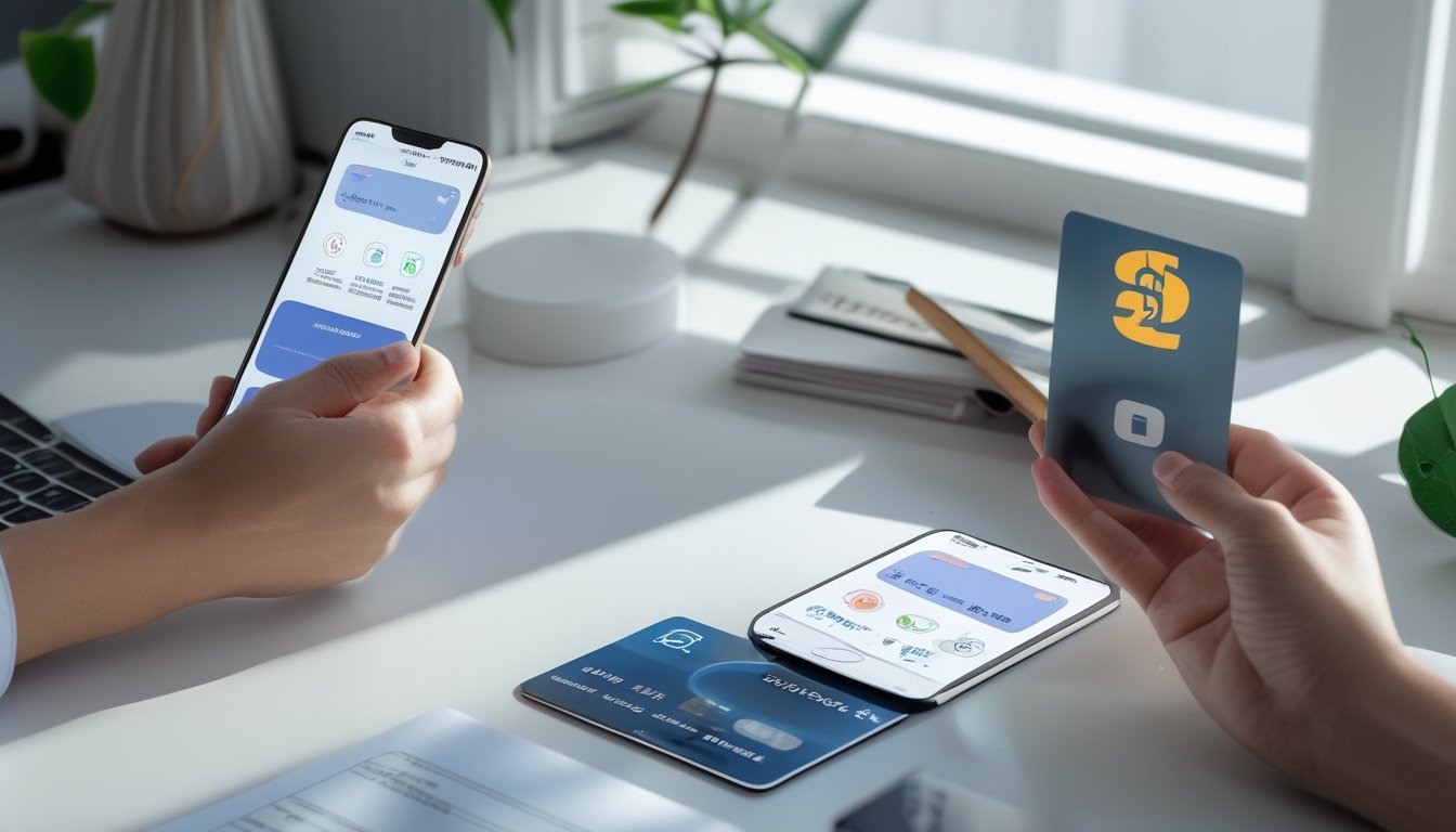 Seseorang menggunakan ponsel dengan kartu isi ulang dan dompet digital di atas meja.