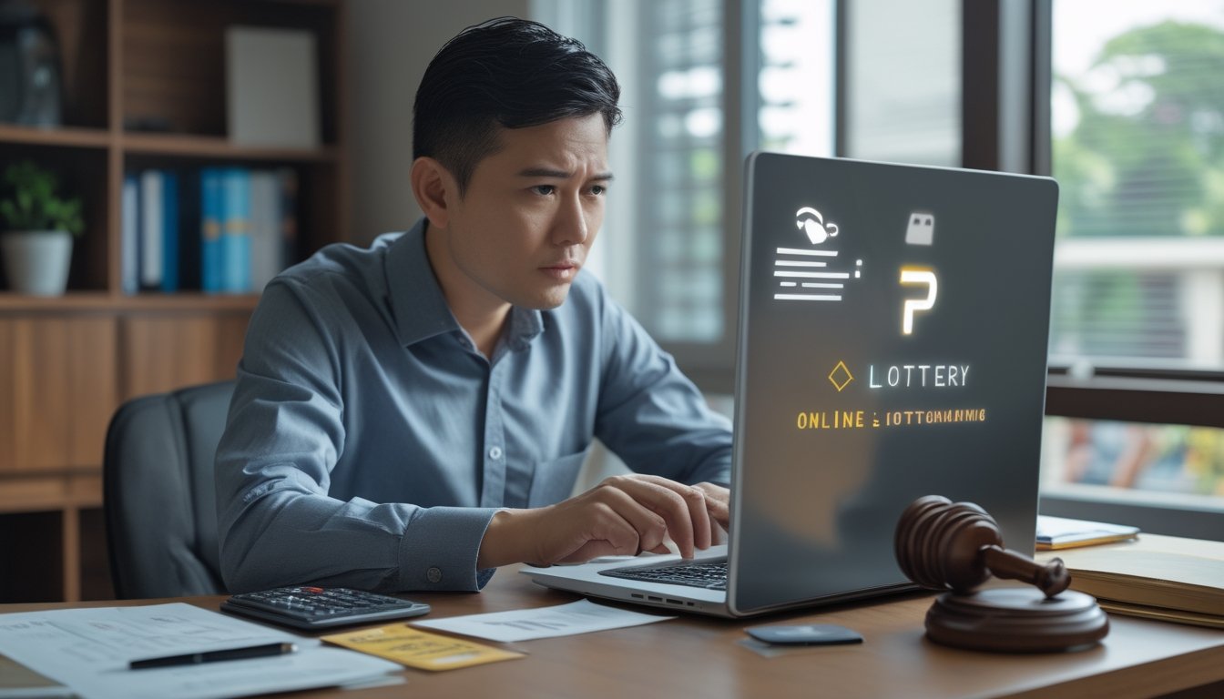 Seseorang meninjau keuangan di meja dengan laptop, kalkulator, kartu bank, dan berkas.