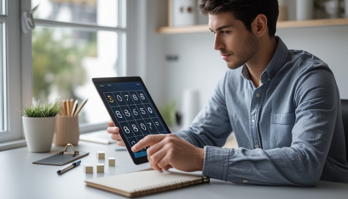 Seseorang mempelajari angka di tablet sambil mencatat di meja.