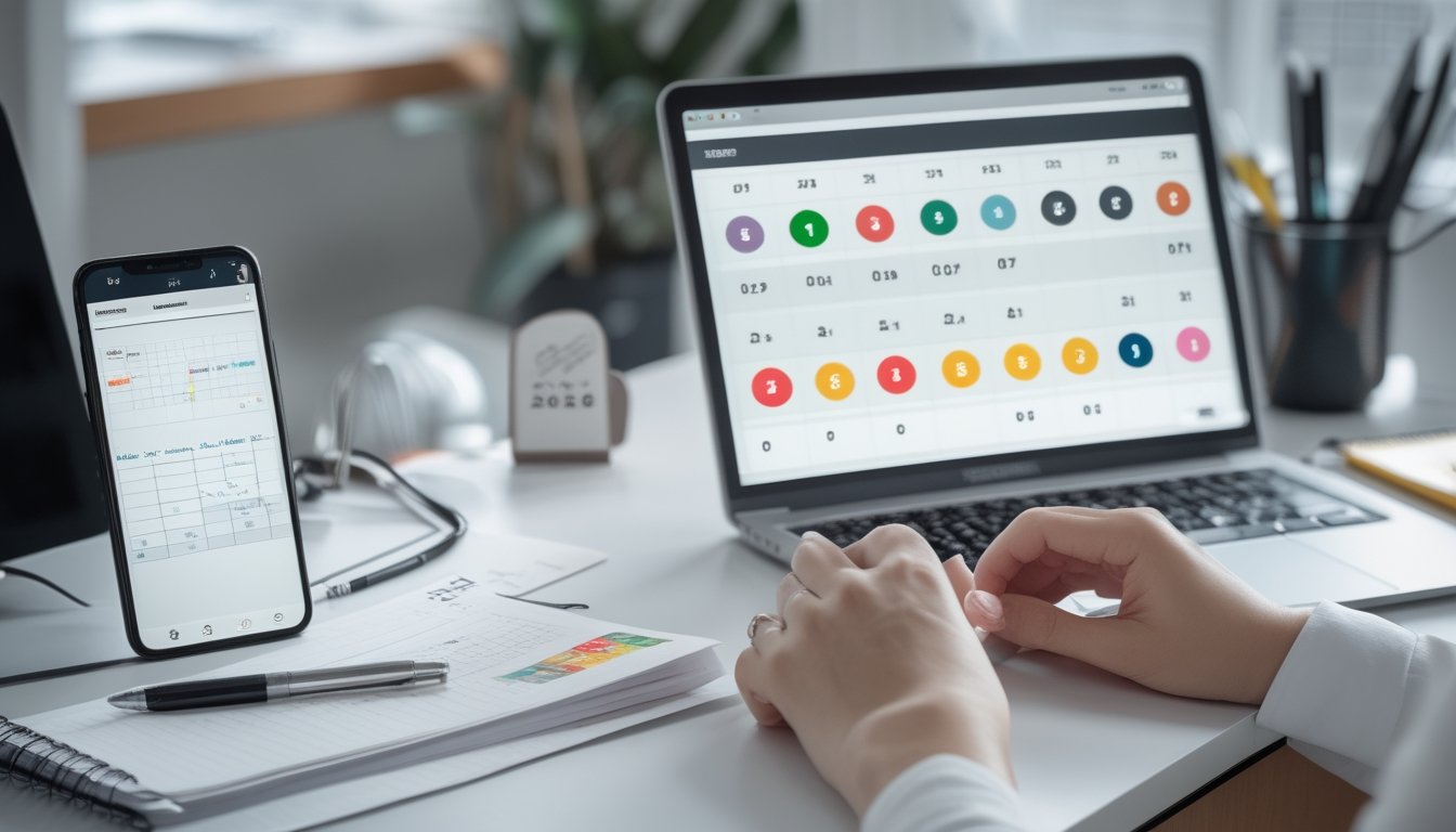Seseorang membandingkan tampilan angka pada ponsel dan laptop di meja kerja.