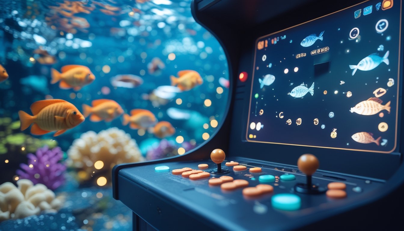 Konsol permainan arcade menampilkan ikan-ikan berwarna-warni di bawah laut.