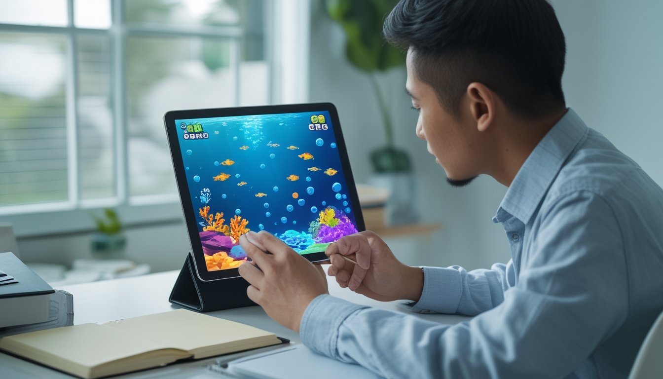 Seseorang membandingkan permainan bertema bawah laut pada tablet di meja.