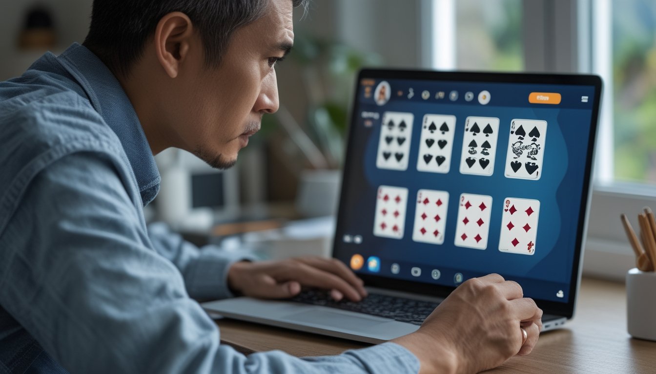 Seorang pemain mengamati lawan melalui laptop saat bermain kartu online.