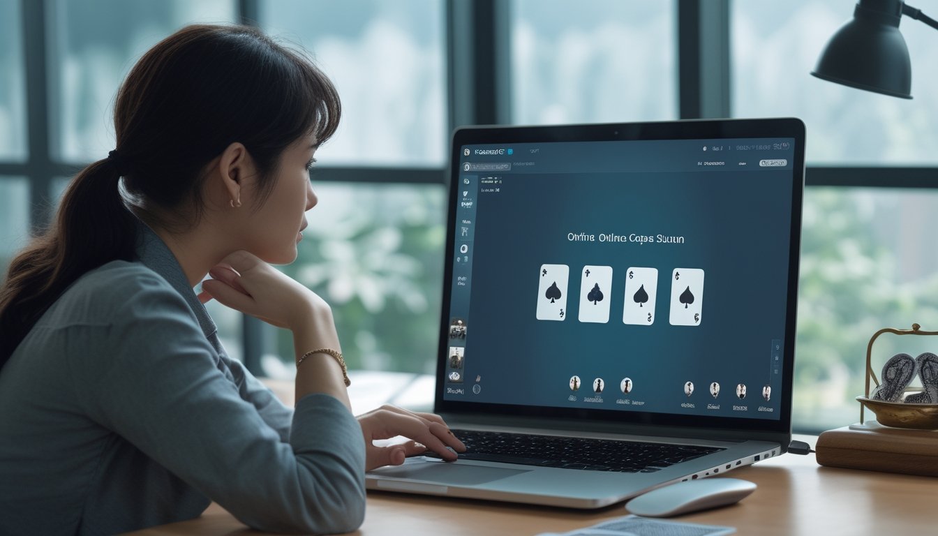 Seseorang mengamati permainan kartu Capsa Susun di layar laptop.