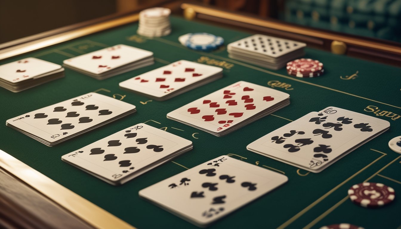Susunan kartu remi dalam tiga baris di atas meja hijau, dengan beberapa keping chip di dekatnya.