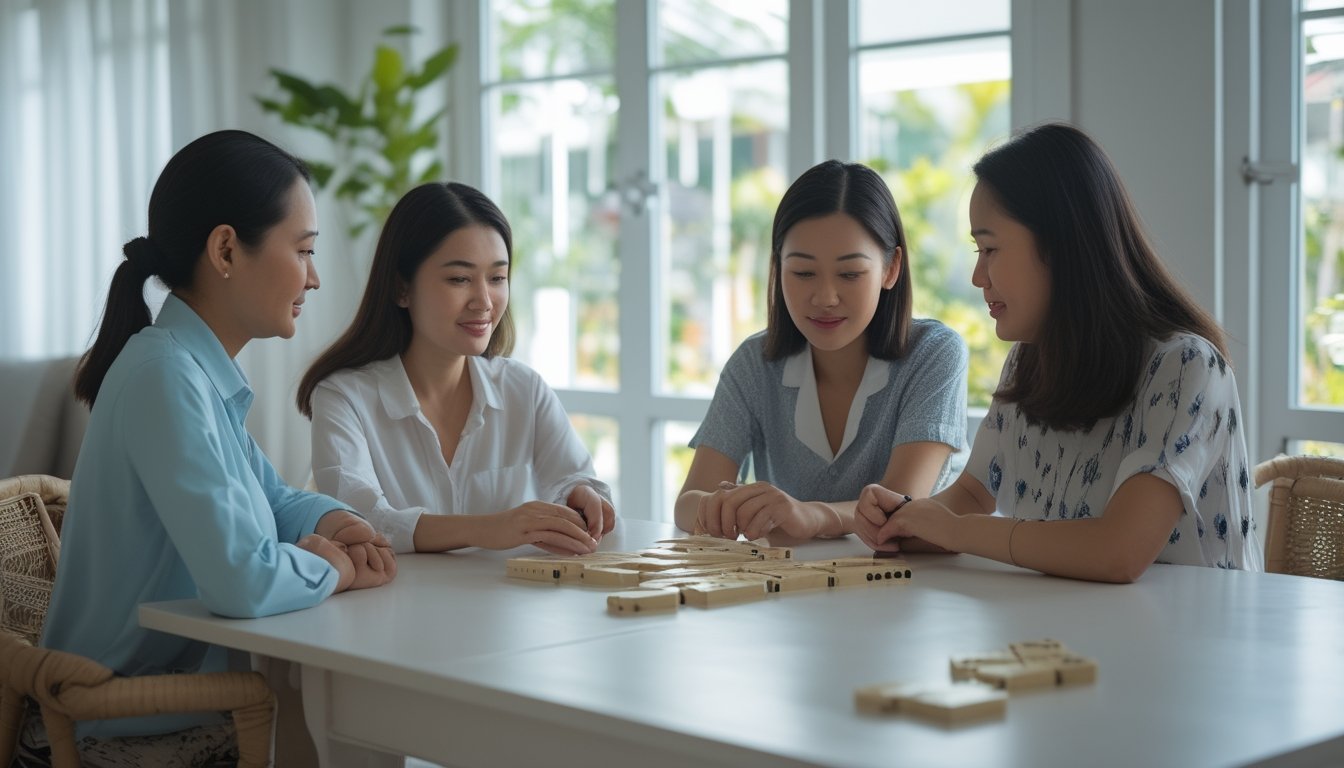 Dua orang dewasa belajar memainkan domino bersama di meja.