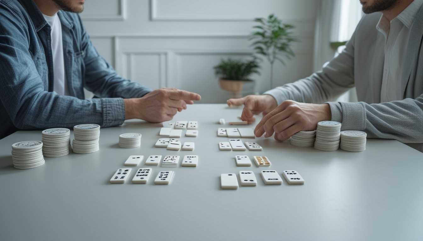Dua orang dewasa mempelajari permainan Ceme dengan domino dan keping taruhan di atas meja.