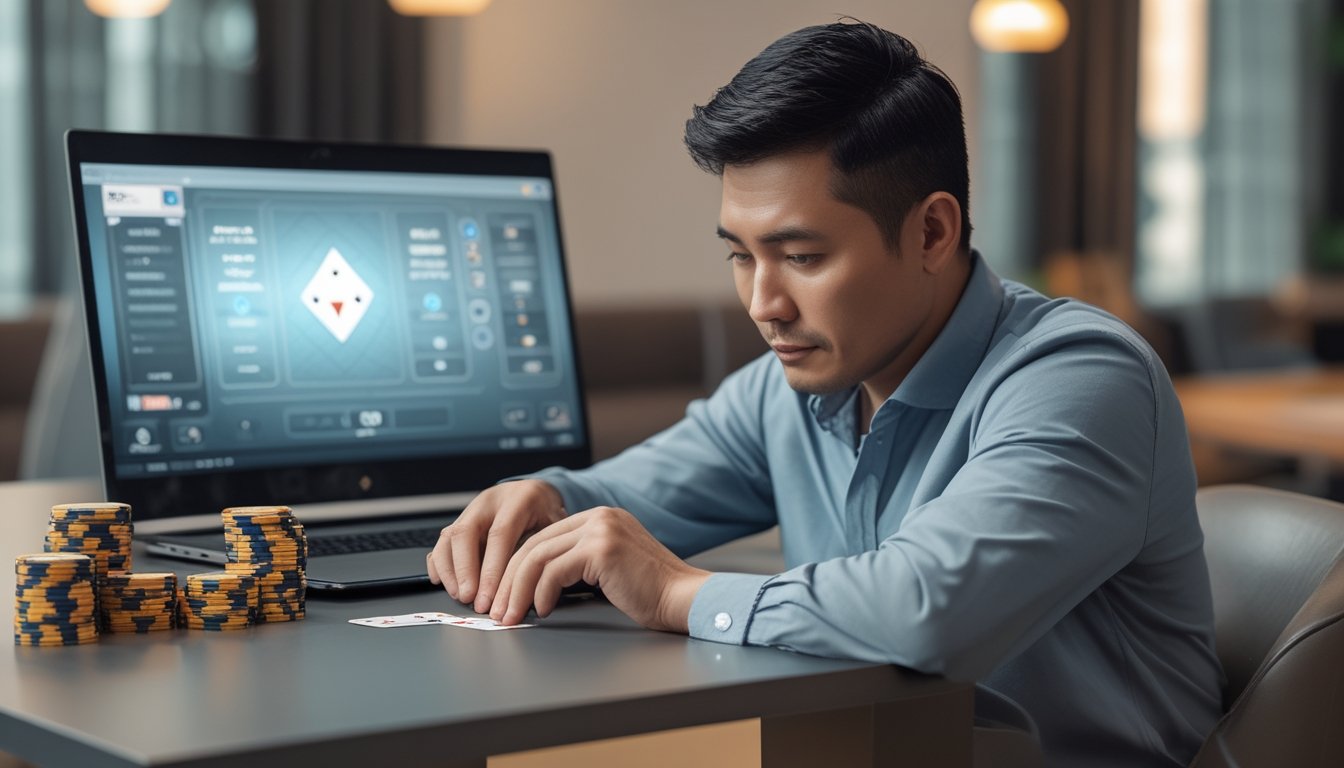 Seorang pria mempelajari kartu di meja dengan tumpukan chip dan laptop di dekatnya.