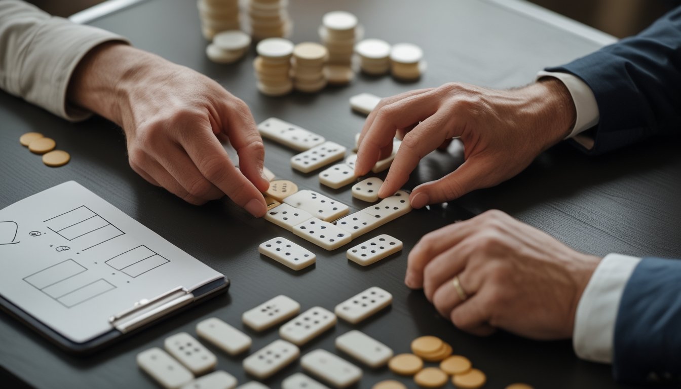 Dua pemain menyusun kartu domino Ceme di atas meja.