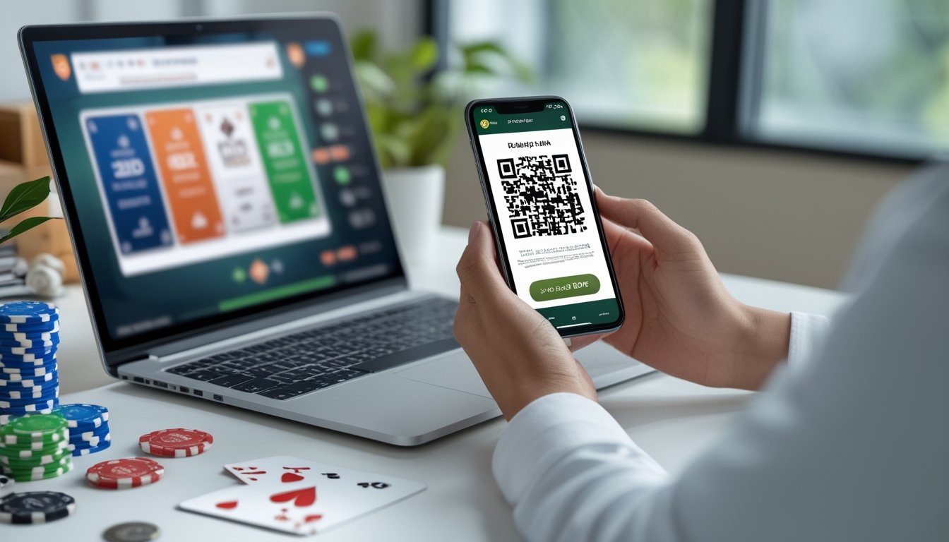 Seseorang menggunakan ponsel untuk membayar melalui kode QR di samping laptop dengan permainan kartu.